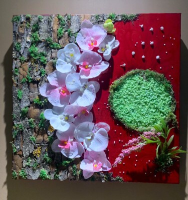 Collages titled "orchidées sur écorc…" by Nathalie Caillaud, Original Artwork, Collages Mounted on Wood Stretcher frame
