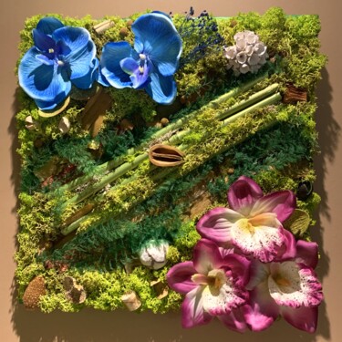 Collages titled "jardin exotique" by Nathalie Caillaud, Original Artwork, Collages Mounted on Wood Stretcher frame