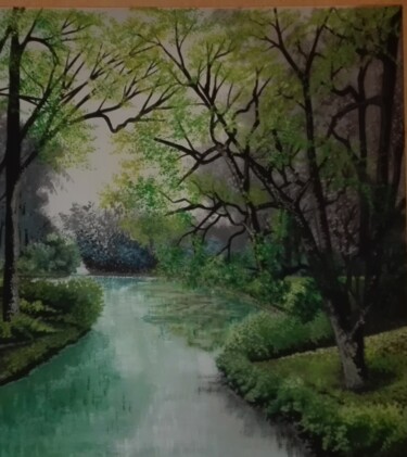 Painting titled "Rivière verte" by Nathalie Choury, Original Artwork, Oil Mounted on Wood Stretcher frame