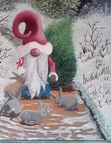 Peinture intitulée "Nain de Noël" par Nathalie Choury, Œuvre d'art originale, Huile Monté sur Châssis en bois