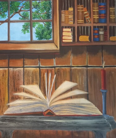 Malerei mit dem Titel "Le livre ouvert" von Nathalie Choury, Original-Kunstwerk, Öl Auf Keilrahmen aus Holz montiert