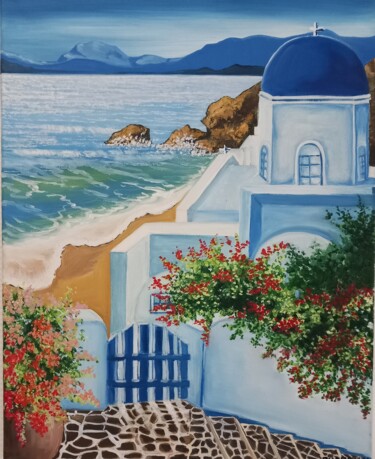 Painting titled "Maison de Grèce" by Nathalie Choury, Original Artwork, Oil Mounted on Wood Stretcher frame