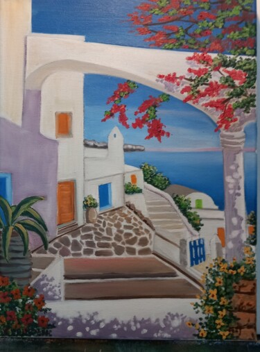 Painting titled "Maison de Grèce 2" by Nathalie Choury, Original Artwork, Oil Mounted on Wood Stretcher frame