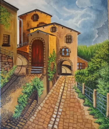 Painting titled "Une allée de pavé" by Nathalie Choury, Original Artwork, Oil Mounted on Wood Stretcher frame