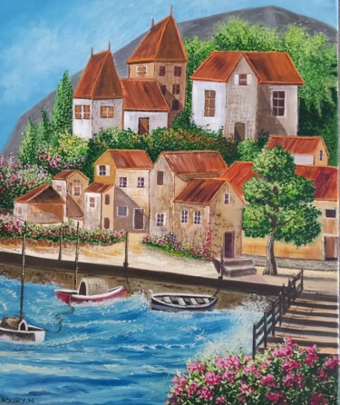 Painting titled "Pâte de maisons" by Nathalie Choury, Original Artwork, Oil Mounted on Wood Stretcher frame