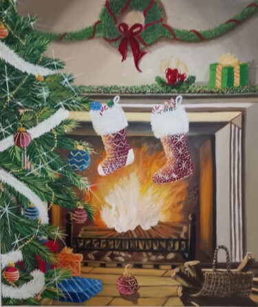 Pintura titulada "La cheminée de  Noël" por Nathalie Choury, Obra de arte original, Oleo Montado en Bastidor de camilla de m…
