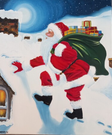 Картина под названием "Père Noël sur un to…" - Nathalie Choury, Подлинное произведение искусства, Древесный уголь Установлен…