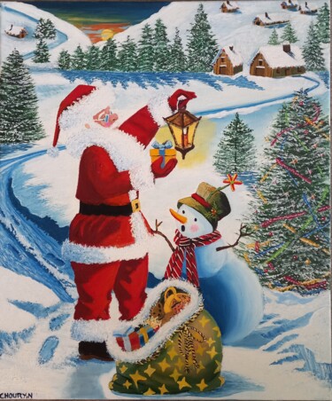 Schilderij getiteld "Le Père Noël avec u…" door Nathalie Choury, Origineel Kunstwerk, Olie Gemonteerd op Frame voor houten b…
