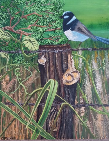 Картина под названием "Un oiseau posé sur…" - Nathalie Choury, Подлинное произведение искусства, Масло Установлен на Деревян…