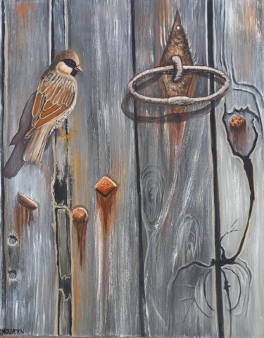 Schilderij getiteld "Un oiseau posé sur…" door Nathalie Choury, Origineel Kunstwerk, Olie Gemonteerd op Frame voor houten br…