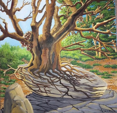 Painting titled "Arbre sur un rocher" by Nathalie Choury, Original Artwork, Oil Mounted on Wood Stretcher frame