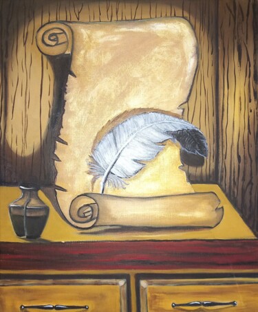 Pintura titulada "Parchemin et sa plu…" por Nathalie Choury, Obra de arte original, Oleo Montado en Bastidor de camilla de m…