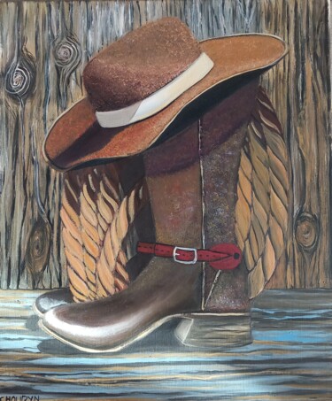Painting titled "Nature morte cow-boy" by Nathalie Choury, Original Artwork, Oil Mounted on Wood Stretcher frame
