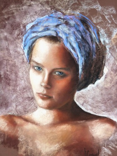 Drawing titled ""Le Turban bleu"" by Nathalie Coquel Duvillier, Original Artwork, Pastel
