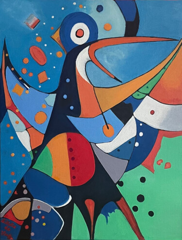 Peinture intitulée "L'Oiseau Clown" par Nathalie De Voogd, Œuvre d'art originale, Huile Monté sur Châssis en bois