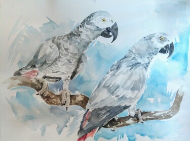 Painting titled "Les Perroquets" by Nathalie Dubreucq Carlier, Original Artwork, Watercolor