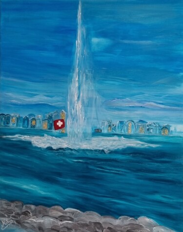 Painting titled "Le jet de Genève, O…" by Nathalie Fernandes (Natys), Original Artwork, Oil