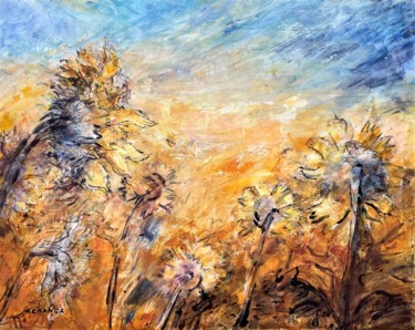 Schilderij getiteld "soleil de tournesols" door Nathalie Grange, Origineel Kunstwerk, Acryl Gemonteerd op Frame voor houten…