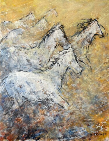 Painting titled "les chevaux 2" by Nathalie Grange, Original Artwork, Acrylic Mounted on Wood Stretcher frame