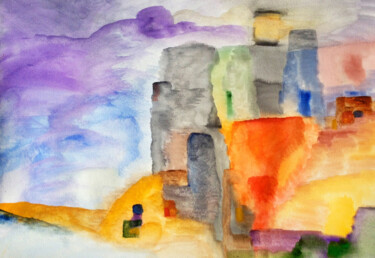 Картина под названием "A village in Proven…" - Nathalie Gribinski, Подлинное произведение искусства, Акварель