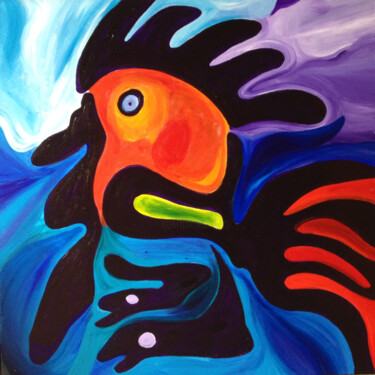 Painting titled "The Rooster" by Nathalie Gribinski, Original Artwork, Acrylic Mounted on Wood Stretcher frame