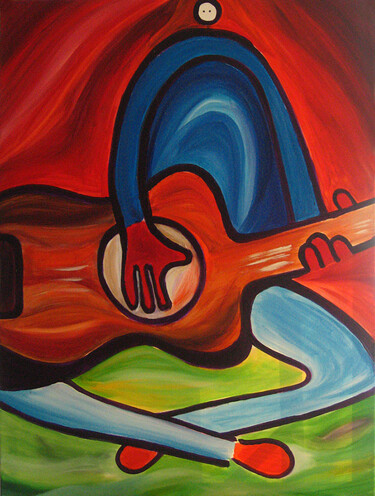 Schilderij getiteld "The Guitarist" door Nathalie Gribinski, Origineel Kunstwerk, Acryl Gemonteerd op Frame voor houten bran…