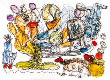 Ζωγραφική με τίτλο "Singing at the Farm" από Nathalie Gribinski, Αυθεντικά έργα τέχνης, Ακουαρέλα