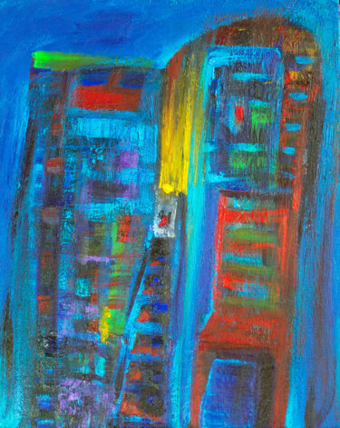 Ζωγραφική με τίτλο "Chicago Skyline and…" από Nathalie Gribinski, Αυθεντικά έργα τέχνης, Ακρυλικό Τοποθετήθηκε στο Ξύλινο φο…