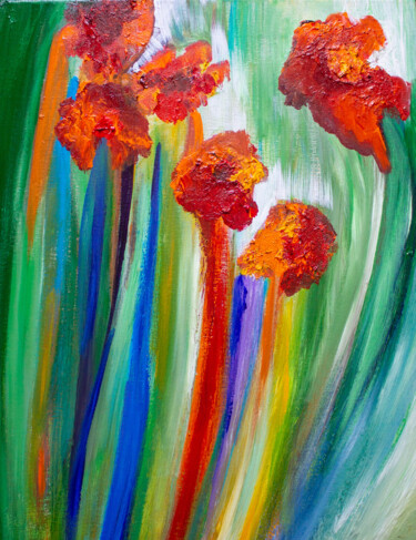 Painting titled "Red Flowers in the…" by Nathalie Gribinski, Original Artwork, Acrylic Mounted on Wood Stretcher frame