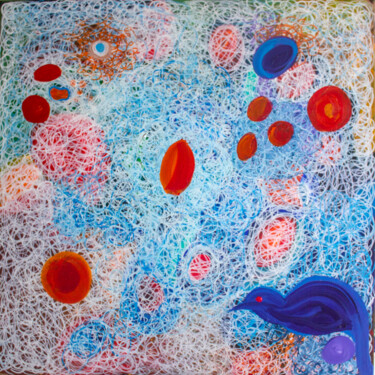 Картина под названием "Blue Fragile Bird" - Nathalie Gribinski, Подлинное произведение искусства, Масло Установлен на Деревя…