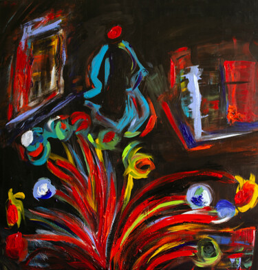 Painting titled "Blue Man with Flowe…" by Nathalie Gribinski, Original Artwork, Acrylic Mounted on Wood Stretcher frame
