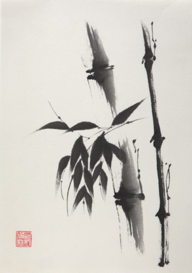 Painting titled "bamboo-black" by Nathalie Guski, Original Artwork, Ink