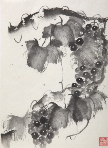 Painting titled "Premiers raisins" by Nathalie Guski, Original Artwork, Ink