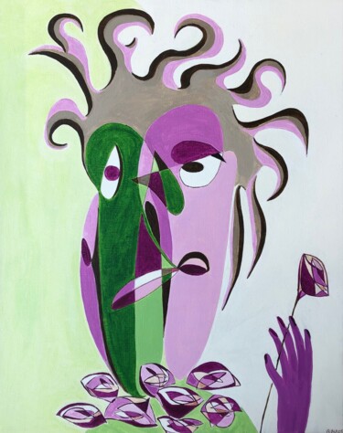 Painting titled "Femme au bouquet de…" by Nathalie Herbulot, Original Artwork, Acrylic Mounted on Wood Stretcher frame