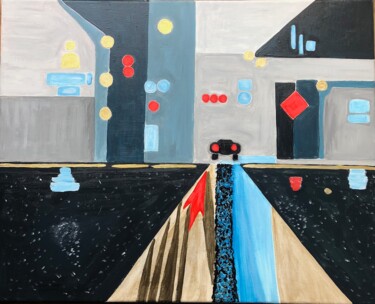 Painting titled "La ville la nuit" by Nathalie Herbulot, Original Artwork, Acrylic Mounted on Wood Stretcher frame