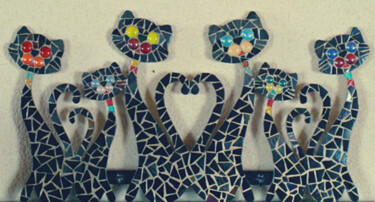 Sculpture intitulée "Famille chats" par Nathalie Jarrige, Œuvre d'art originale, Mosaïque