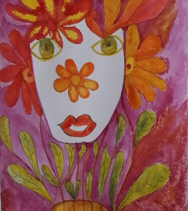 Peinture intitulée "La femme fleur" par Nathalie Jasseny, Œuvre d'art originale, Aquarelle