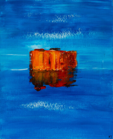 Painting titled "Rock & Sea" by Nathalie Joulin, Original Artwork, Acrylic Mounted on Cardboard