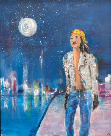 Schilderij getiteld "Happy Moon" door Nathalie Joulin, Origineel Kunstwerk, Acryl Gemonteerd op Karton