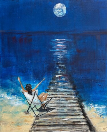 Painting titled "Transat sous la lune" by Nathalie Joulin, Original Artwork, Acrylic Mounted on Cardboard