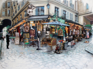 Painting titled "Le relais Odéon" by Nathalie Lemaitre, Original Artwork, Oil Mounted on Wood Stretcher frame
