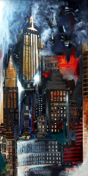 Painting titled "Batman Circus" by Nathalie Lemaitre, Original Artwork, Oil Mounted on Wood Stretcher frame