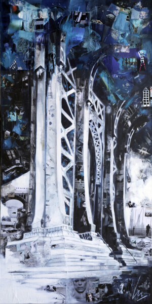 Painting titled "Iron bridge" by Nathalie Lemaitre, Original Artwork, Oil Mounted on Wood Stretcher frame