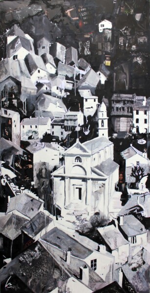 Painting titled "L'église de Nonza" by Nathalie Lemaitre, Original Artwork, Oil Mounted on Wood Stretcher frame