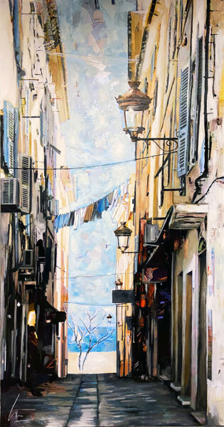 Painting titled "Le passage de Bastia" by Nathalie Lemaitre, Original Artwork, Oil Mounted on Wood Stretcher frame