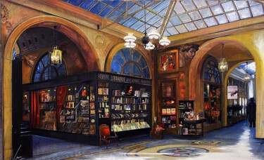 Painting titled "librairie ancienne…" by Nathalie Lemaitre, Original Artwork, Oil Mounted on Wood Stretcher frame