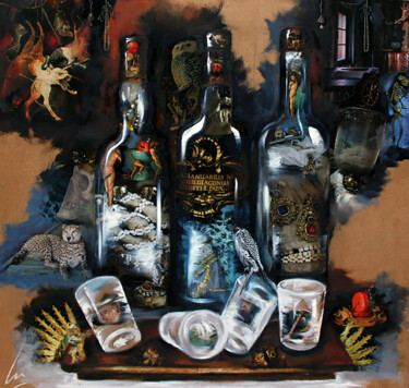 Painting titled "Degustation N°5" by Nathalie Lemaitre, Original Artwork, Oil Mounted on Wood Stretcher frame
