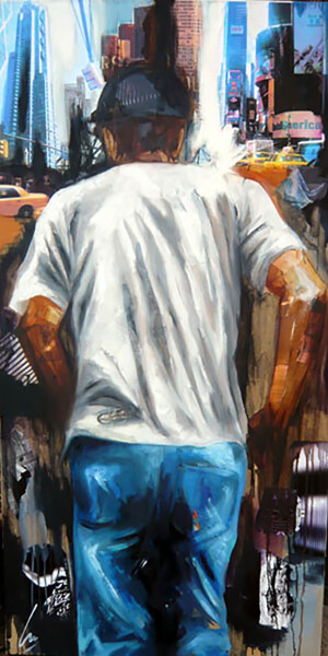 Schilderij getiteld "Marathon man" door Nathalie Lemaitre, Origineel Kunstwerk, Olie Gemonteerd op Frame voor houten brancard