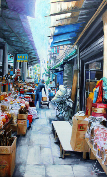Painting titled "Canton- Asie" by Nathalie Lemaitre, Original Artwork, Oil Mounted on Wood Stretcher frame