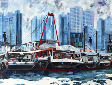 Painting titled "Les bateaux d'Aberd…" by Nathalie Lemaitre, Original Artwork, Oil Mounted on Wood Stretcher frame